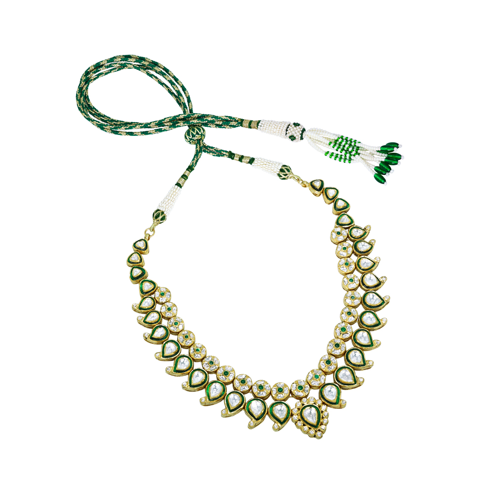 Green Enamel Polki Necklace with Bud Design